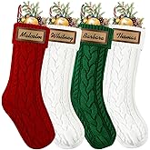 XOYTN 4Pack Christmas Stocking with Leather Patches,18” Personalized Hanging Large Cable Knitted Custom Name Xmas Red Green White Stockings for Christmas Family Party Fireplace Decor