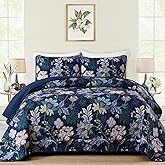 WONGS BEDDING Quilt Set Queen Size, Navy Blue Botanical Queen Bedspread Bedding Sets, 3 Pieces Floral Quilt with 2 Pillowcases,Soft Lightweight Microfiber Coverlet Set for All Season(96"X90")