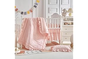 AIKASY The Ruffled Shabby Crib Bedding Set for Girls, Baby Quilted Comforter with Fitted Sheet, Bed Skirt, and Pillowcase（Coral Pink）