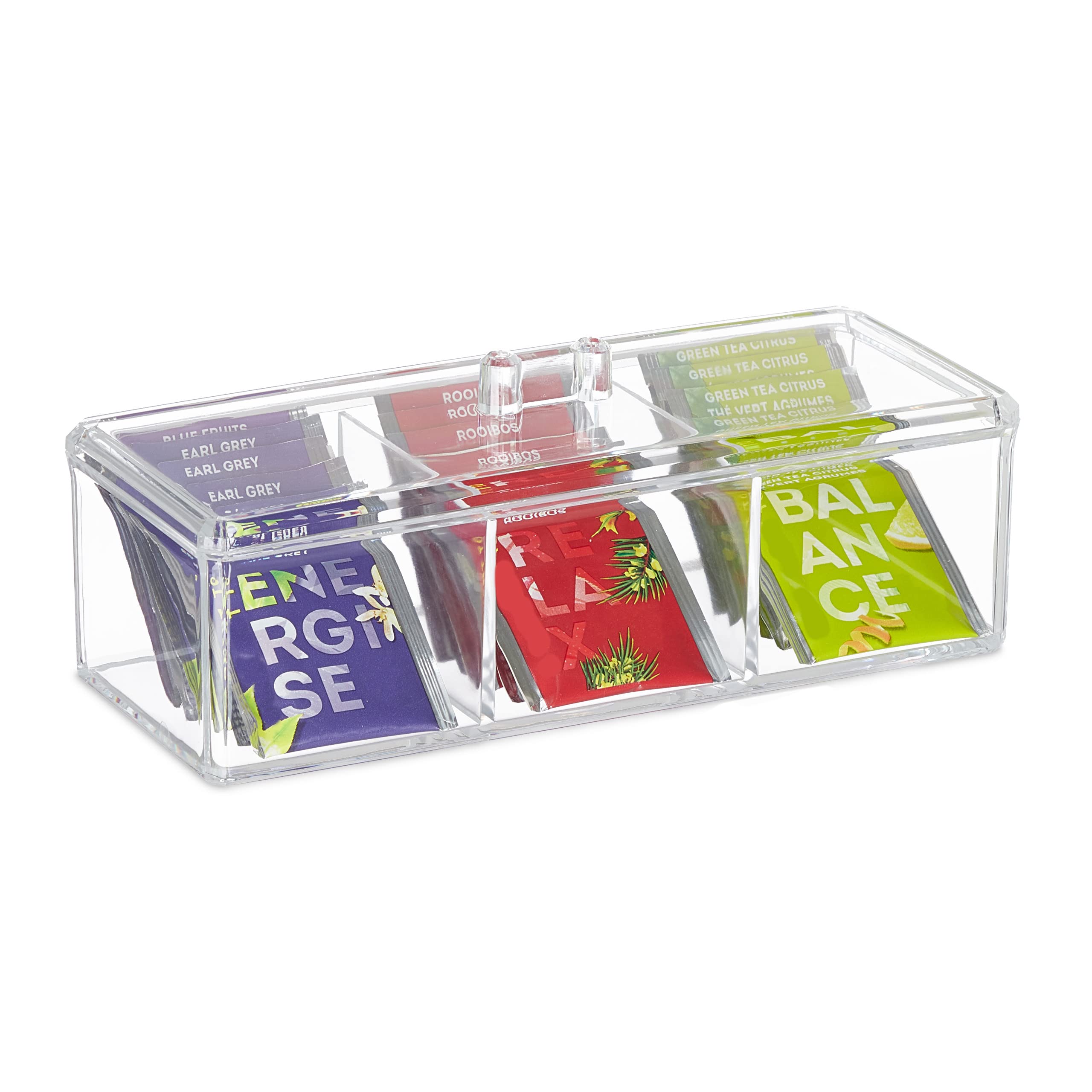 Relaxdays Tea Box, 3 Compartments, Organiser Chest, H x W x D: 9 x 23 x 9.5 cm, Acrylic, Transparent