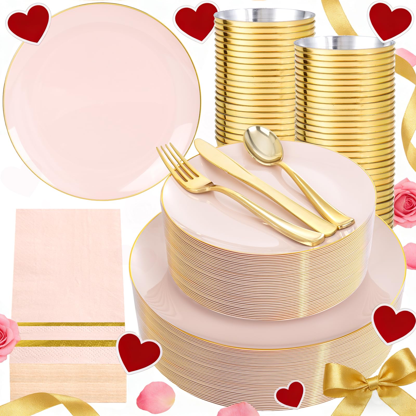 Photo 1 of **INCOMPLETE** NOCCUR Pink Plates Disposable - Pink Gold Plastic Dinnerware Set for 50 Guests Include Dinner Plates, Cutlery,50 Cups - Ideal for Party/Wedding/Valentines Day