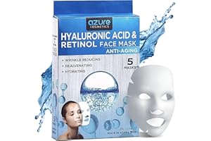 Azure Cosmetics Hyaluronic Acid & Retinol Face Mask - Dermatologist Tested - Rejuvenating & Hydrating Sheet Mask - Reduce Fine Lines & Wrinkles, Smooths & Repairs - Korean Skin Care - Pack of 5