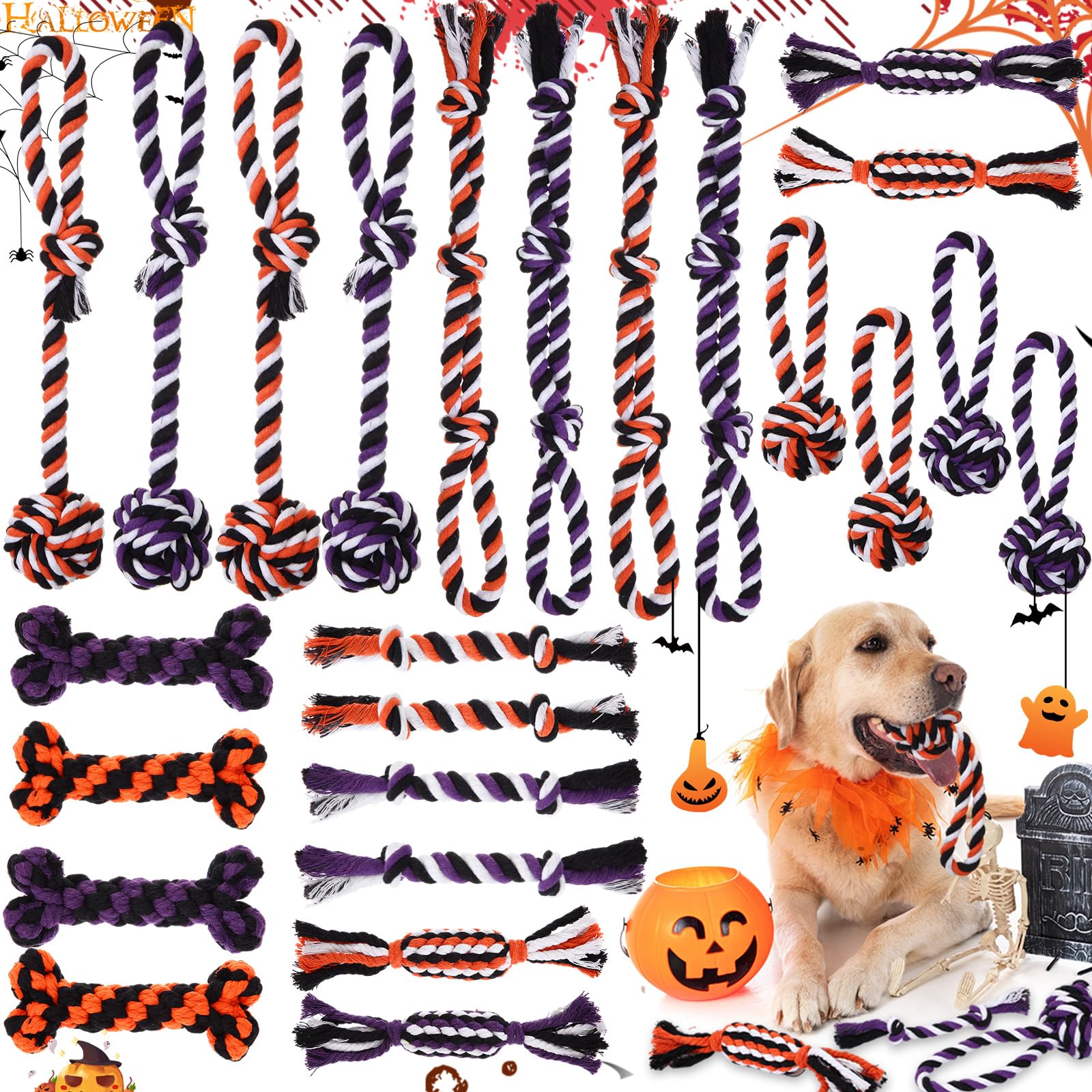 Photo 1 of Glimin 24 Pcs Dog Rope Chew Toy Set - Sturdy Cotton Rope Dog Toys Bulk for Chewing, Teething, Training & Teeth Cleaning - Halloween Decoration