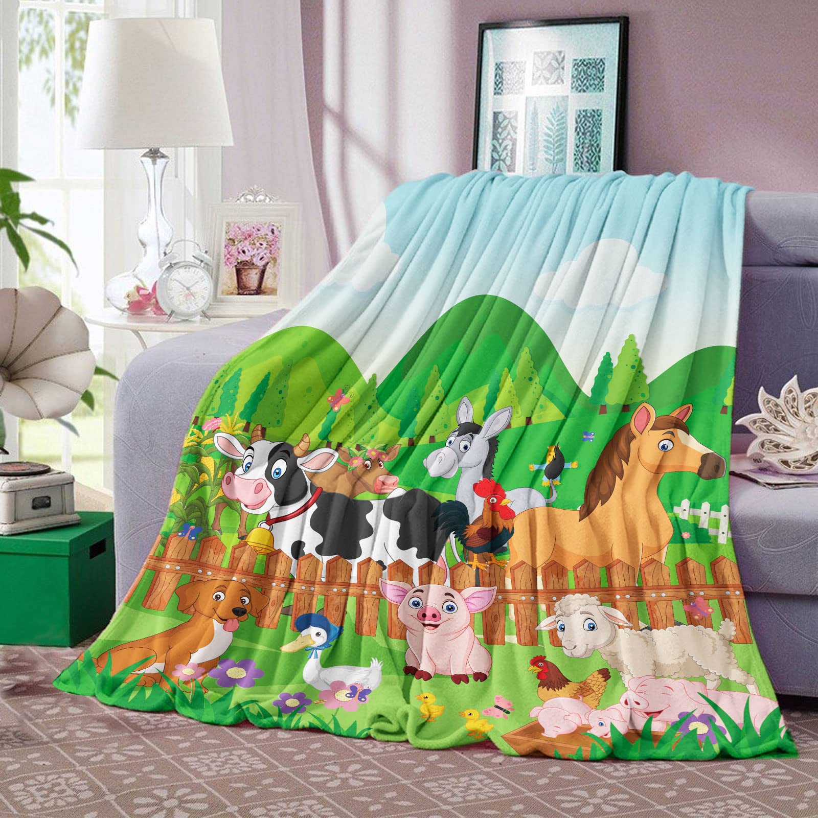 DomgogeFarm Animal Throw Blanket, Cartoon Cute Blanket , Soft Cozy Flannel Farm Dog Pig Lamb Hen Horse Cow Blankets, Fluffy Fleece Newborn Baby Gift Crib, 76x122cm, Animal-green (TR-55)