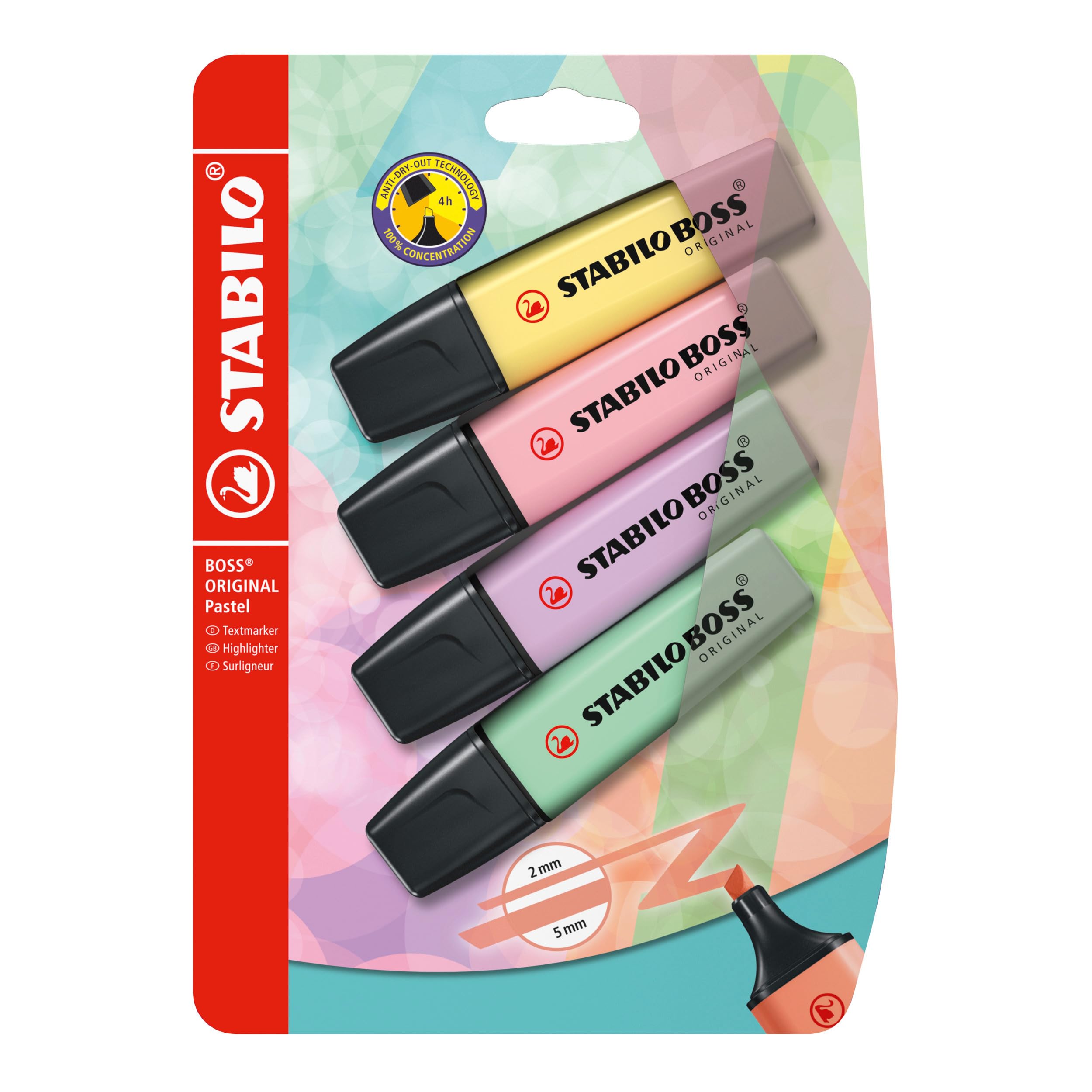 STABILO BOSS ORIGINAL Pastel - Highlighter - Pack of 4 - Hint of Mint, Pink Blush, Milky Yellow, Lilac Haze