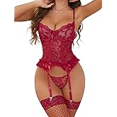 Donnalla Women Sexy Lingerie Set Floral Lace Bodysuit Garter Lingerie Teddy with Panty Stockings