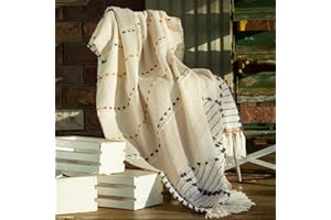 Amélie Home Boho Throw Blanket for Couch, Bohemian Decorative Summer Throw Blanket, Handmade Colorful Striped Blanket, Soft Lightweight Blanket for Sofa Chair Bed, 50x60, Beige