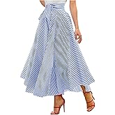 GORGLITTER Women's Striped Ruffle Maxi Skirts Knot Front High Waisted A Line Flowy Skirt Casual Outfits