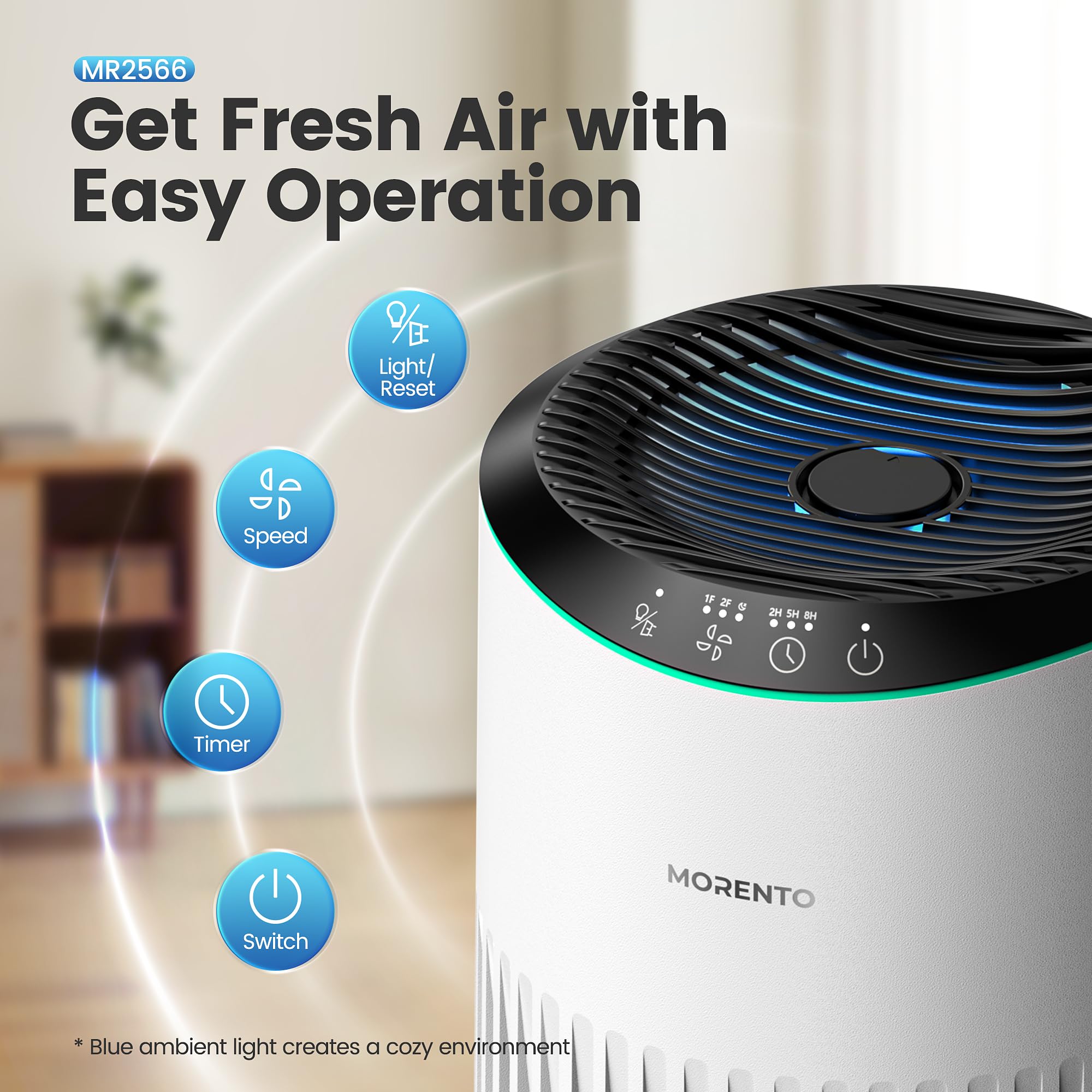 MORENTO Air Purifiers for Home, Air Purifier for Smoke Pet Dander Odors with Fragrance Sponge, Small Air Purifier with Sleep Mode for Bedroom Office, Blue Ambient Light, MR2566, White, 2 Pack