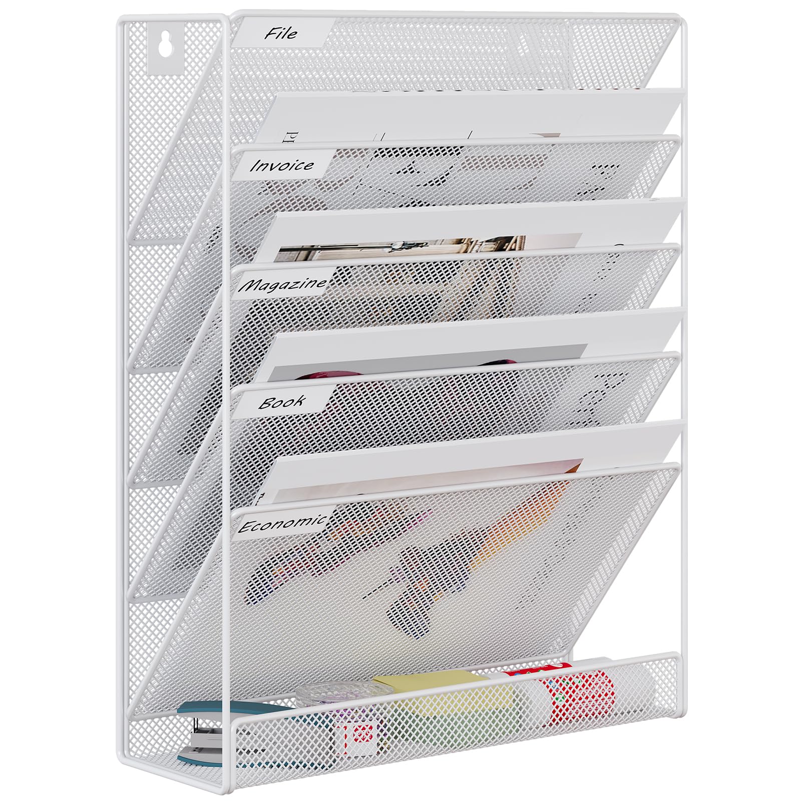 EasyPAG Metal 6 Tier A4 Wall Mounted Document Holder,Hanging Wall File Organiser,Pigeon Holes Storage,In Tray,Magazine Rack for Office & Home,White