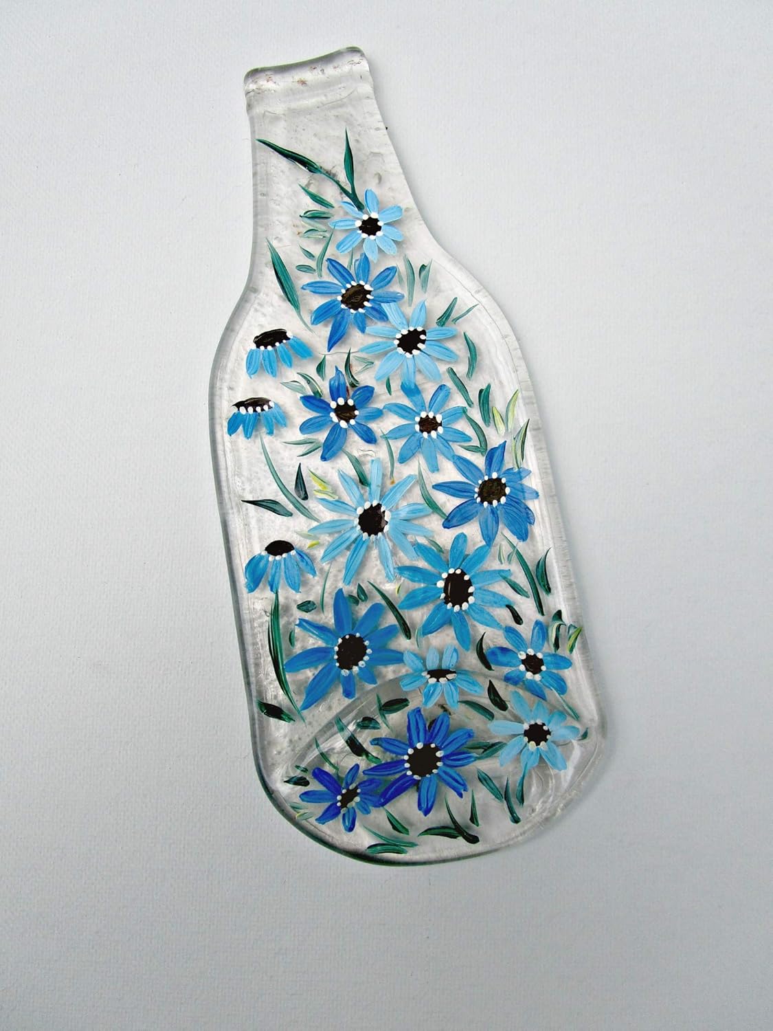 Amazon Com Melted Bottle Spoon Rest Kitchen Trivet Recycled Clear Glass Bottle Hand Painted Shades Of Blue Flowers Handmade amazon com melted bottle spoon rest
