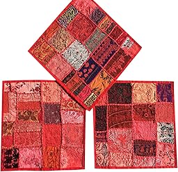 Designer Throw Pillow Sham Vintage Patchwork Red Cushion Covers Set Of 3 16 x 16