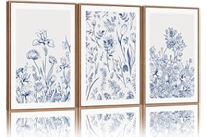 SIGNINART Classic Chinoiserie Botanical Framed Canvas Wall Art, Blue and White Floral Wall Decor, Minimalist Flower Artwork, Navy Blue Wildflower Art Painting for Bedroom Living Room Office 24"x36"x3
