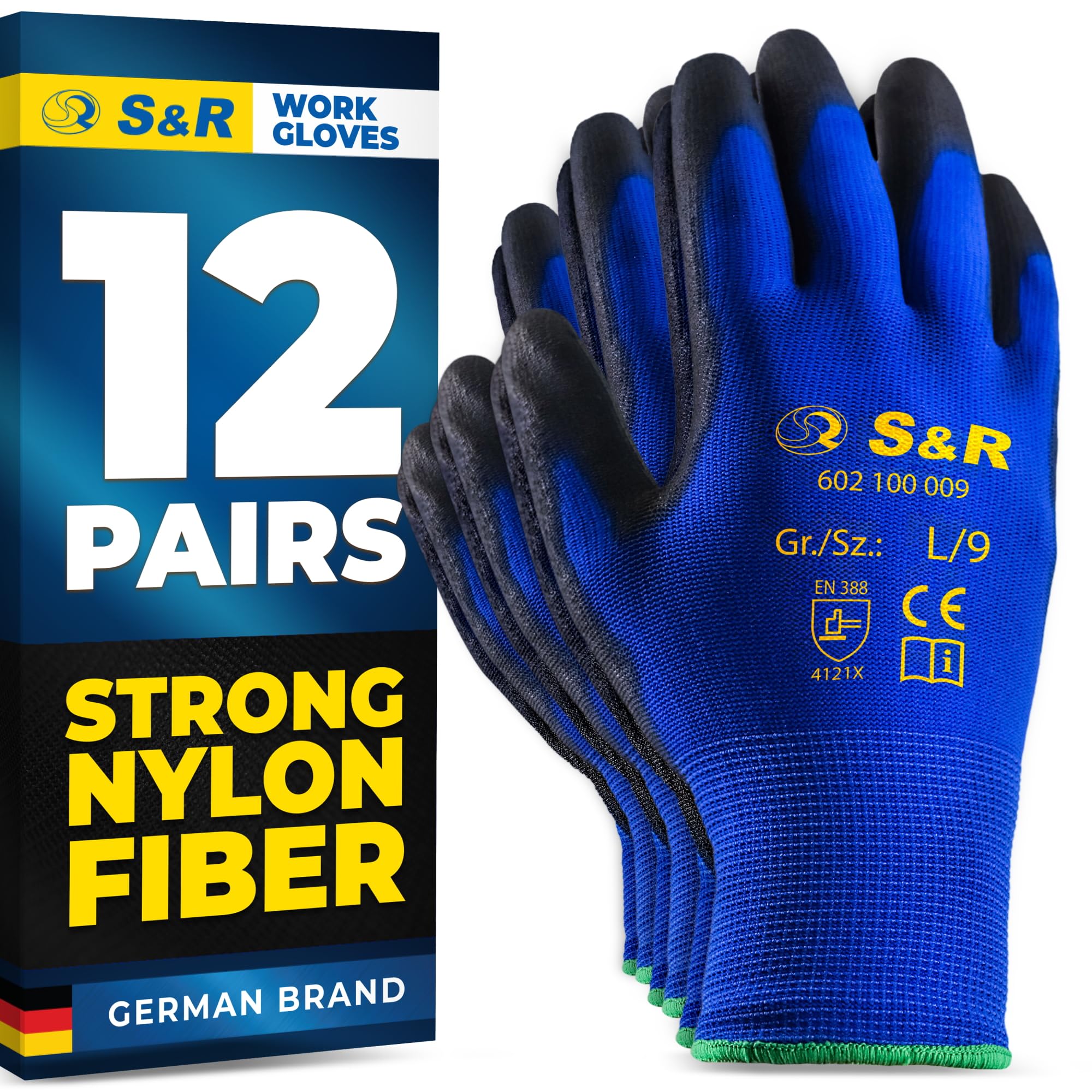 S&R Work Gloves – 12 Pairs, Nylon with PU Coating, Size L/9 – Protective Gloves for Private & Commercial Use