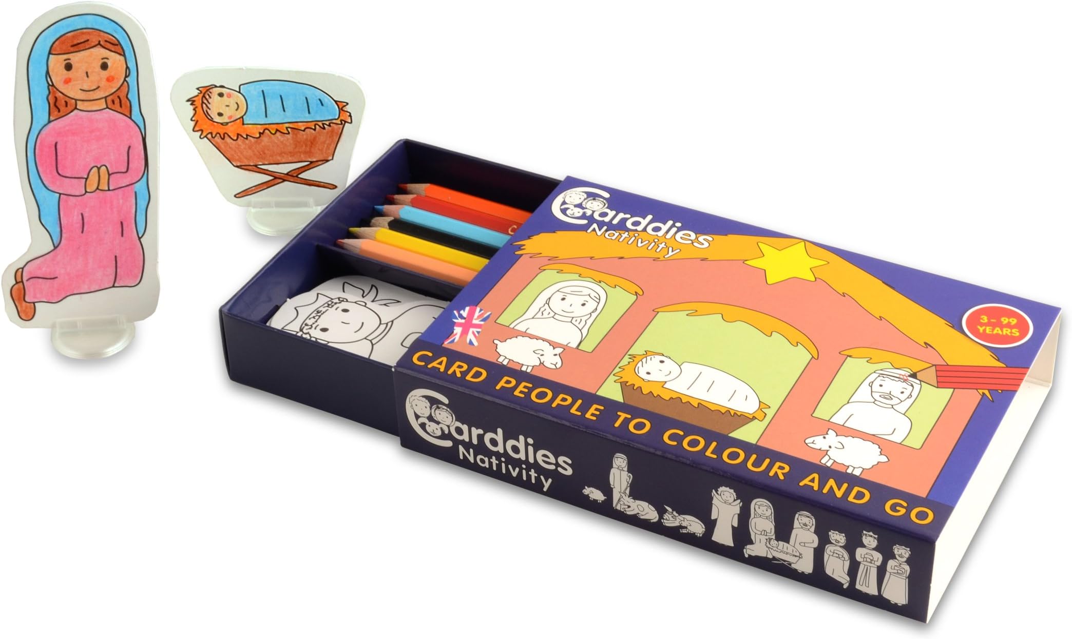 CARDDIES NATIVITY CARD PEOPLE Colour and Play Set – Portable Art Kit with Sturdy Card Nativity Figures & Playscene for Colouring-in Creativity, Pretend Play and Story Telling at Christmas - Premium Colouring Pencils and Plastic Stands- Perfect Travel Toy