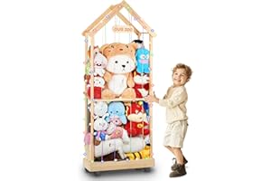 SKONYON Stuffed Animal Storage Zoo Storage Wood DIY Toy Organizer w/360° Swivel Wheels for All Kinds of Stuffed Animal Holder Cage w/Colorful Elastic Ropes and String Lights for Playroom Bedroom Nursery