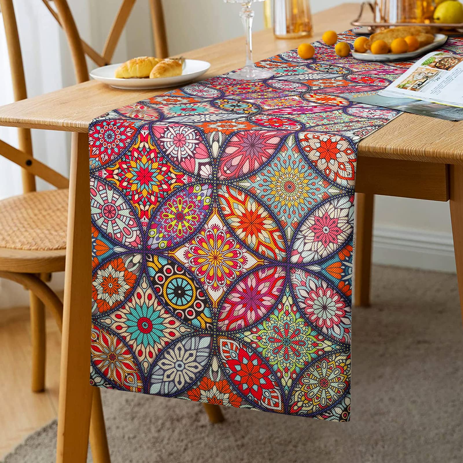 Boho Table Runner Coffee Fuchsia Jacquard Decorative Linen Table Runner Loft Multicoloured Geometric Tapestry Decoration 33 x 183cm Table Runnes (Colorful Red A)