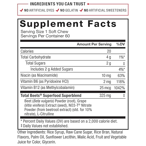 FORCE FACTOR TOTAL BEETS SOFT CHEWS WITH BEETROOT, NITRATES, L-CITRULLINE, GRAPESEED EXTRACT, AND ANTIOXIDANTS, HEALTHY ENERGY SUPPLEMENT WITH ELITE INGREDIENTS, HEART HEALTH SUPERFOOD, 60 CHEWS