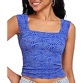 Women's Square Neck Wide Strap Crop Tank Tops Flower Going Out Tops Slim Fit Lettuce Trim Crop Cami Tops