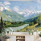 Yeoiat Tapestry Alpine Mountain River Landscape Oil Painting Wall Art Artistic Hand-Painted Look Fine Art Meadow Flowers Deco