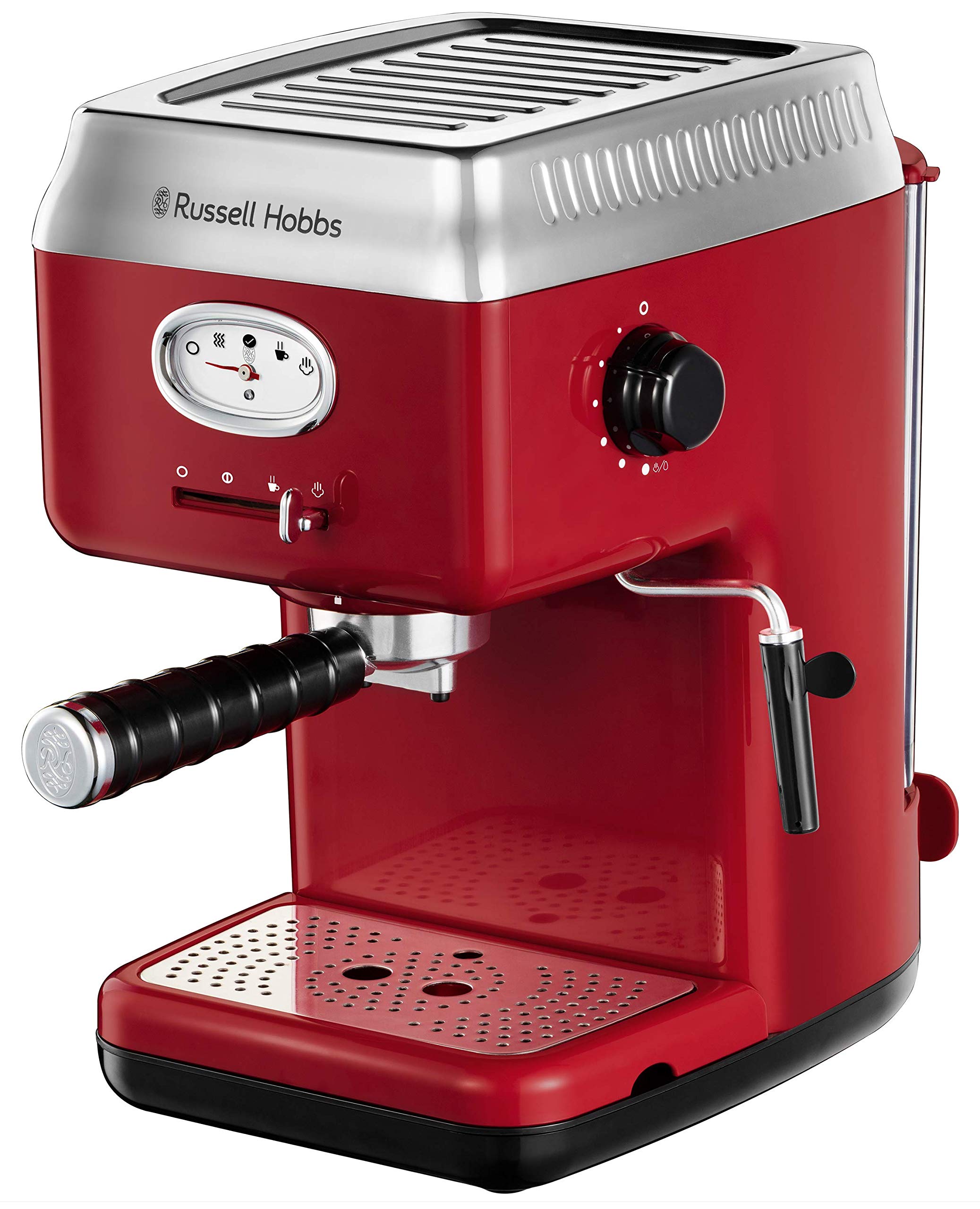 Russell Hobbs Machine Expresso [Porte-Filtre, Thermobloc] Retro Rouge (Pression 15 Bars, Réservoir D'Eau Amovible 1,1 L, Buse À Vapeur Et À Mousse De Lait, Chauffage De Tasses) Machine À Café 28250-56