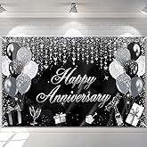Avezano Happy Anniversary Banner Glitter Happy Anniversary Decorations for Wedding Bridal Shower Party Decorations 70.8 x 43.3 Inch (Black and Silver)