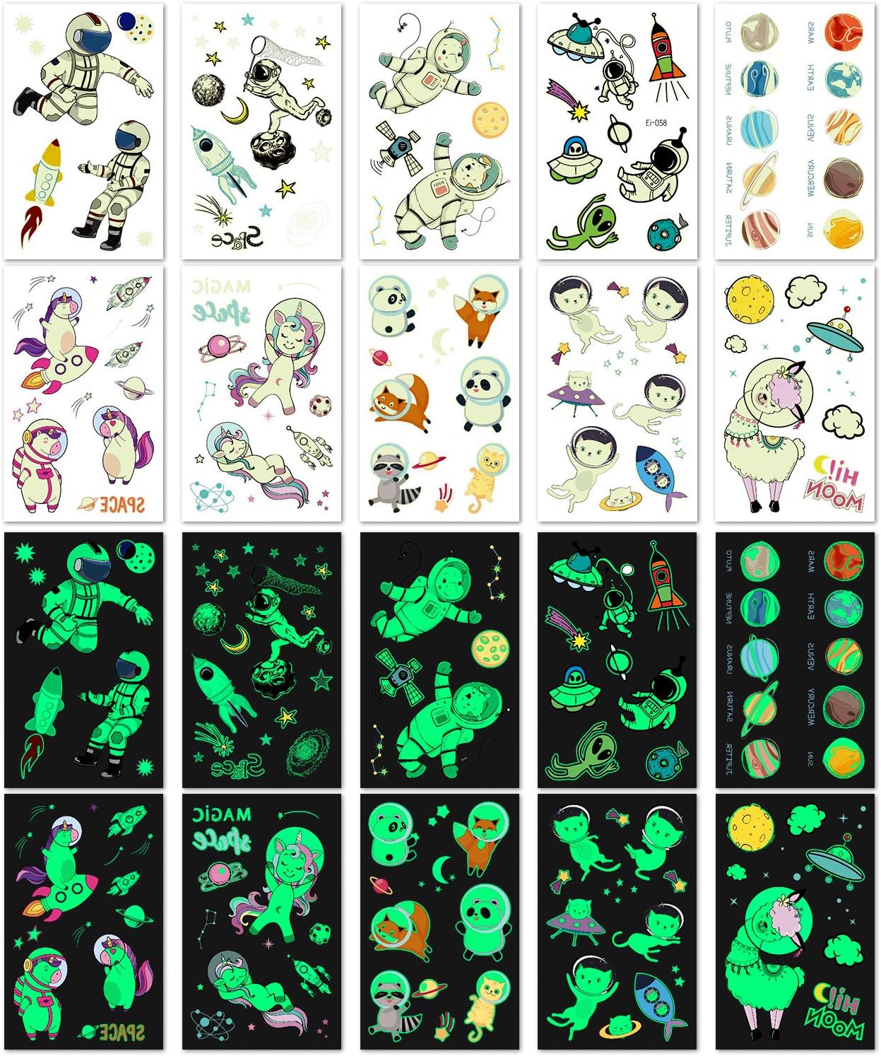 PHOGARY Space Tattoos Stickers for Kids (Glow in the Dark), 20 Sheets Children Fake Tattoos - Image 3