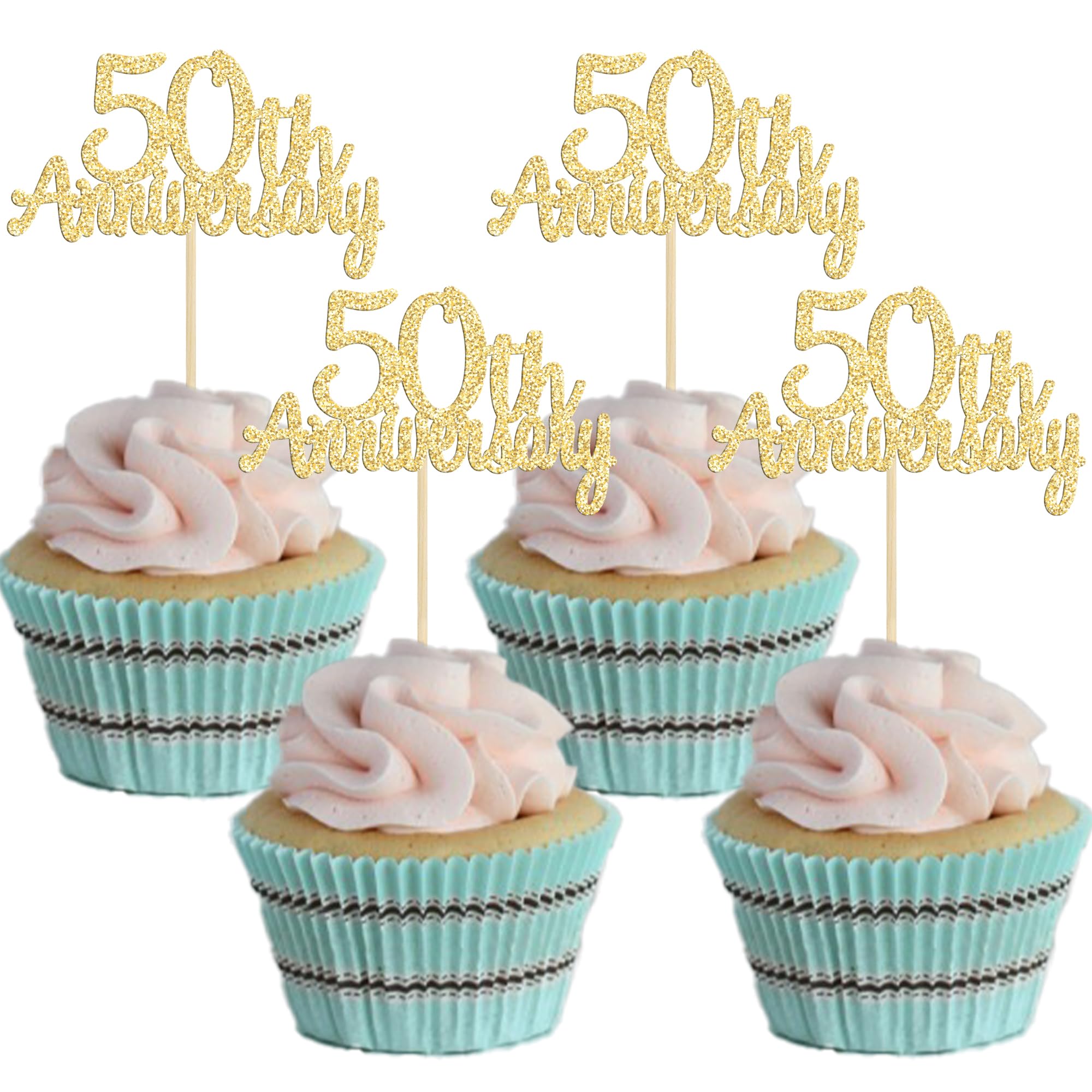 Gyufise 24 Pack 50th Anniversary Cupcake Toppers Picks Gold Glitter Happy 50th Anniversary Cake Decorations for 50th Wedding Retirement Anniversary Party Cake Decorations