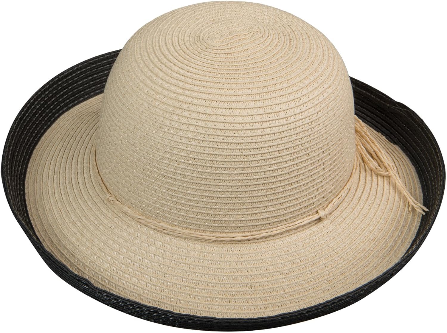 Broner Womens Straw Round Crown Hat with Upturned Brim, Black Trim at