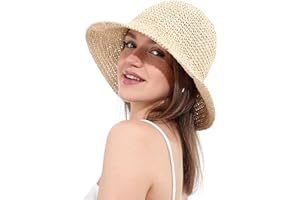 soul young Womens Straw Sun Hat Wide Brim Hand Woven Foldable Beach Bucket Hat for Summer Travel UV Protection UPF 50+