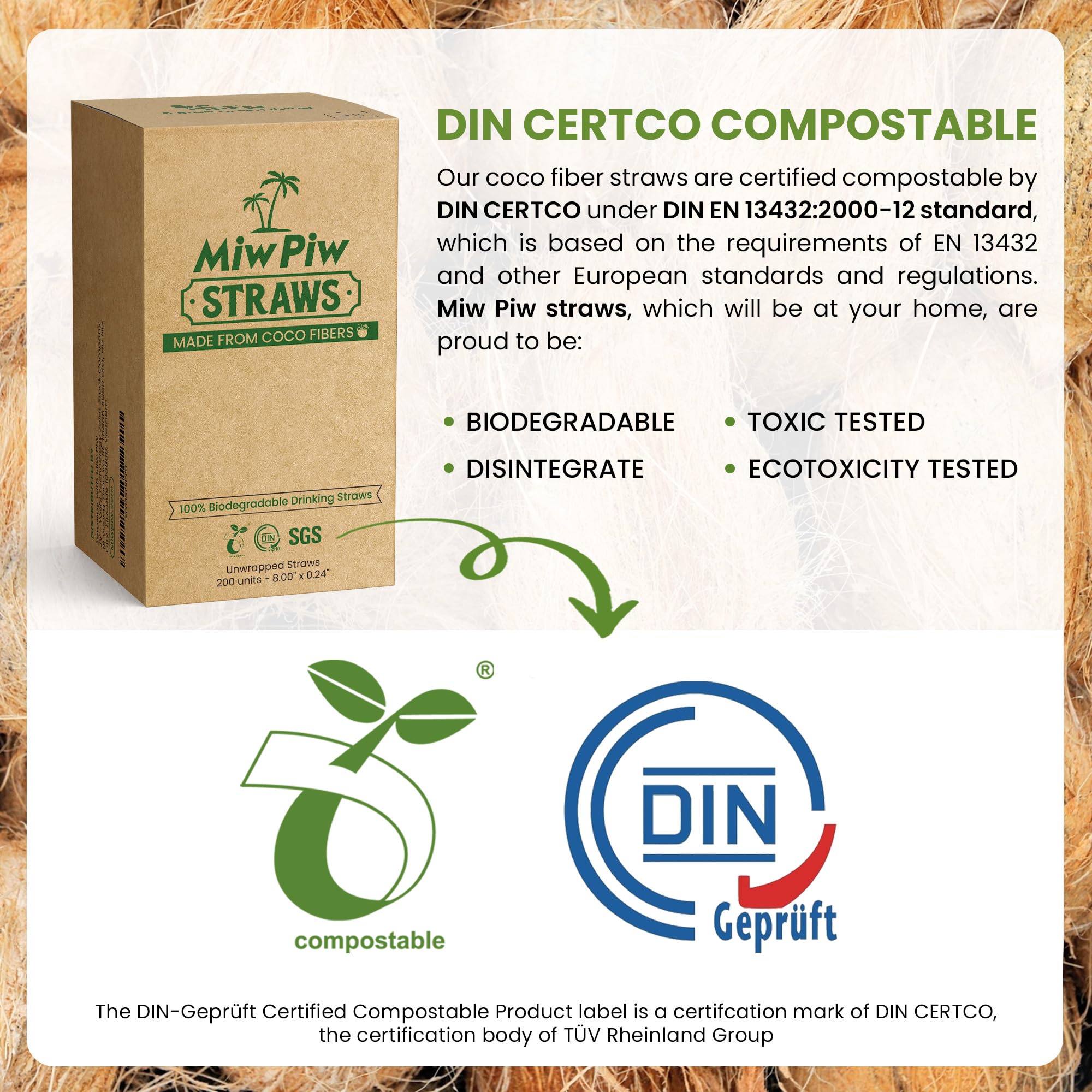 Miw Piw Biodegradable Coconut Straws - 200 Pieces Disposable, Plastic Free, Ecofriendly Coco Fiber Drinking Straws Bulk for Cold and Hot Beverages, Cocktail and Restaurant - Image 4