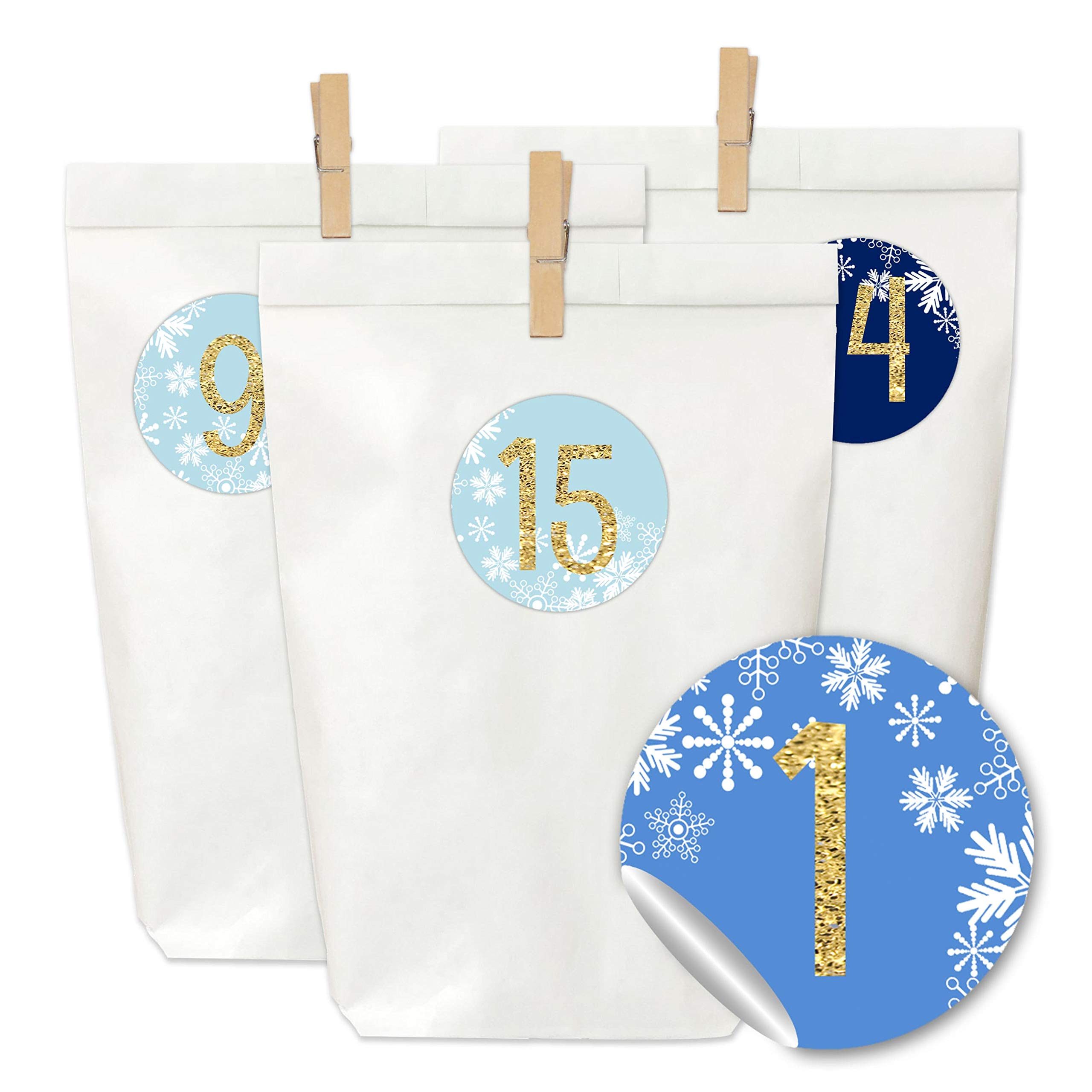 Papierdrachen Advent Calendar for filling - 24 paper bags with stickers and 24 wooden brackets - motif blue Christmas - 26