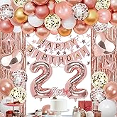 NANINUNENO 22nd Rose Gold Birthday Party Decorations for Women, Rose Gold Happy Birthday Banner, Fringe Curtains, Heart Foil Balloons, Confetti Balloons, Cake Topper for 22nd Birthday Decorations