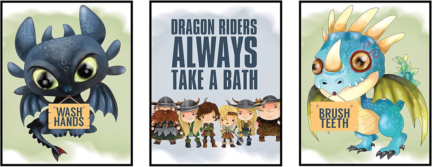 Silly Goose Gifts Dragon Riders Art Print Design Little Vikings Wall Decor Set (Bathroom Set)