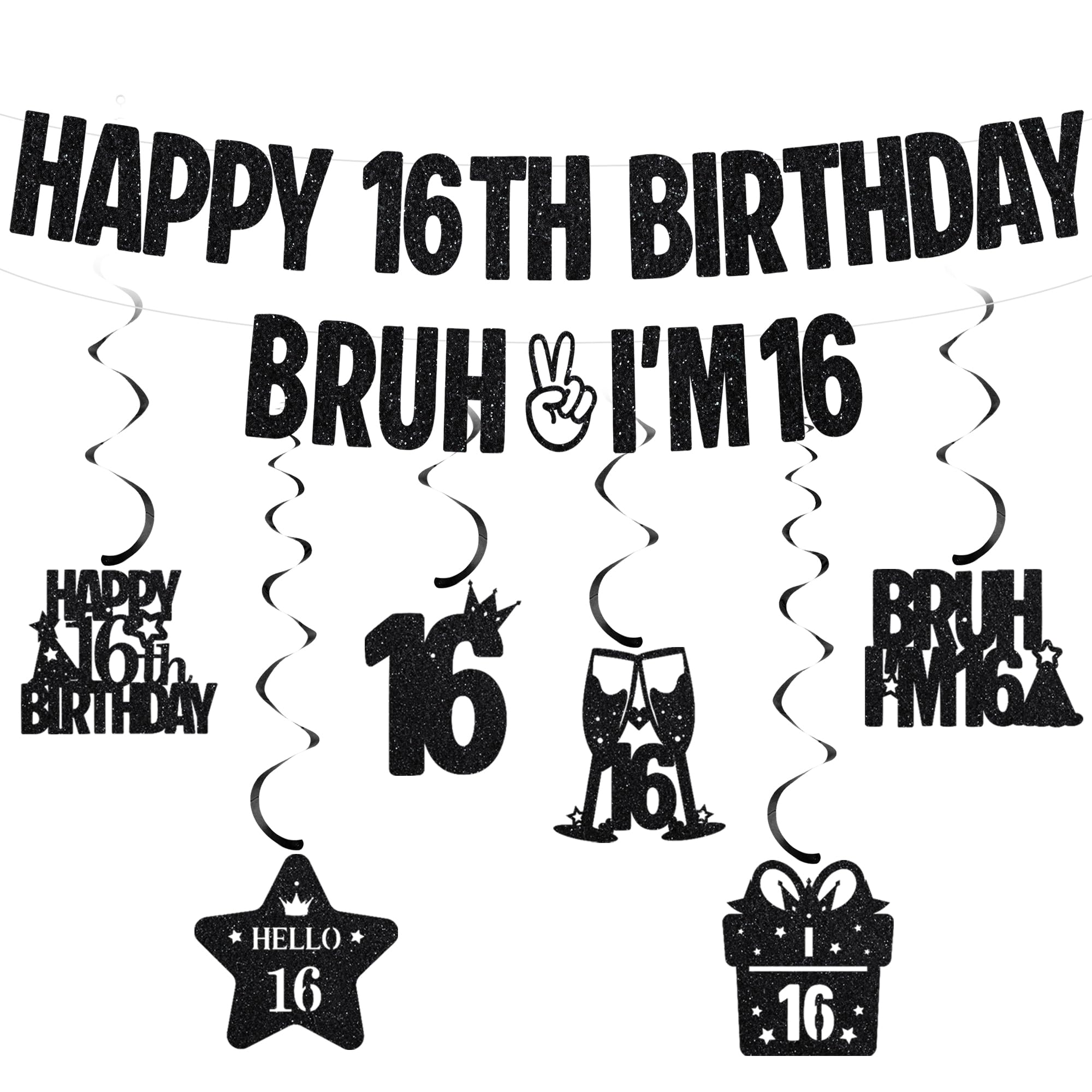 Happy 16th Birthday Banner Decorations - Glitter Bruh I’m 16 Banners with Hanging Swirls, Black Funny Birthday Party Supplies for Boys and Girls