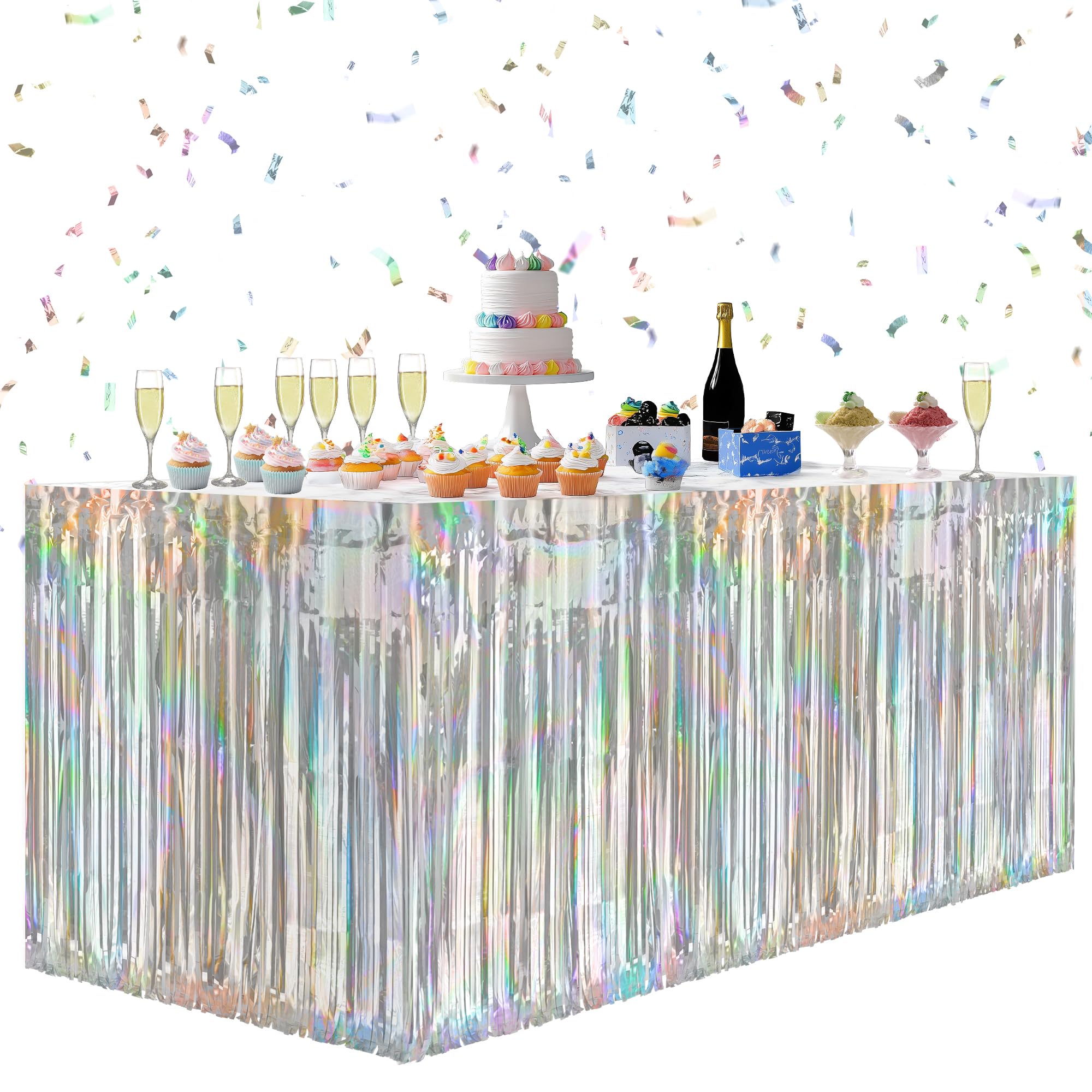 Photo 1 of 2 Pack Laser Silver Table Skirts, 29x108" Metallic Foil Tinsel Fringe Table Skirts for Rectangle Tables Streamer Curtains Backdrop, Party Decorations for Birthdays Weddings Holidays
