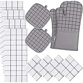Oven Mitts and Pot Holders Set 500 Degree Heat Resistant Oven Gloves and Hot Pads, Premium Soft Cotton Kitchen Hand Towels and Dish Cloth Hanging Loop Gray
