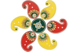 ARTISENIA Diwali Acrylic Rangoli with Laxmi Charan | Red & Yellow Floor Decoration with Studded Stones & Sequins | 8x8 Inch Paisley Acrylic Rangoli + 2x2 Inch Laxmi Pagla | Traditional Festive Home Décor