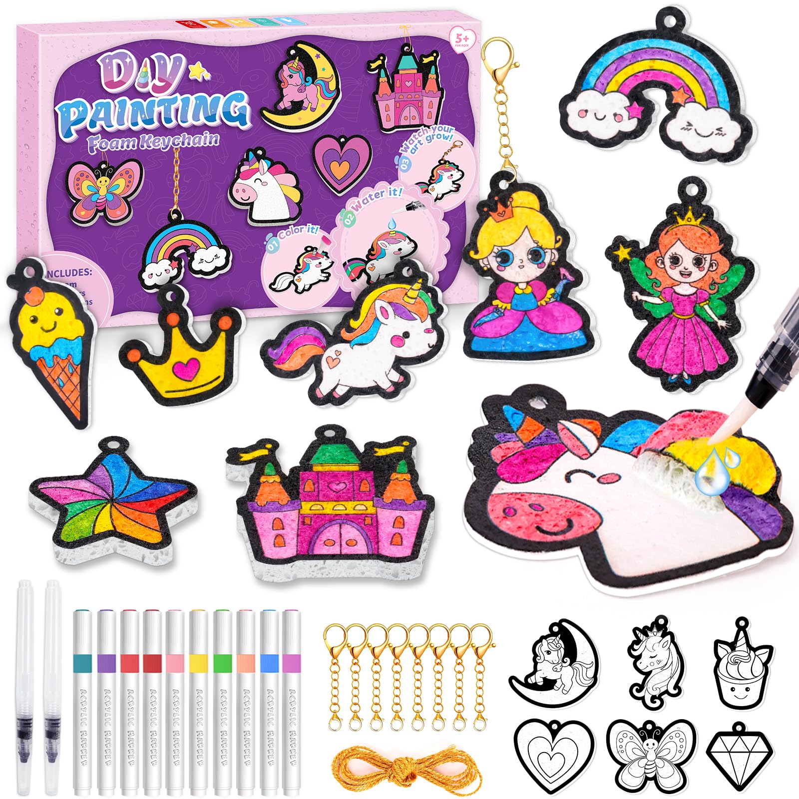 Craft Kits for 4-10 Year Old Kids-Unicorns & Princesses, Gifts for 5 6 7 8 9 11 Year Olds Girls, 3D Aqua Puffs Arts and Crafts Magic Painting Keyrings Kits, Creative Birthday Presents Girls Toys