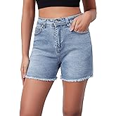 Metietila Casual Jean Shorts for Women High Rise Frayed Raw Hem Stretchy Denim Shorts with Pockets