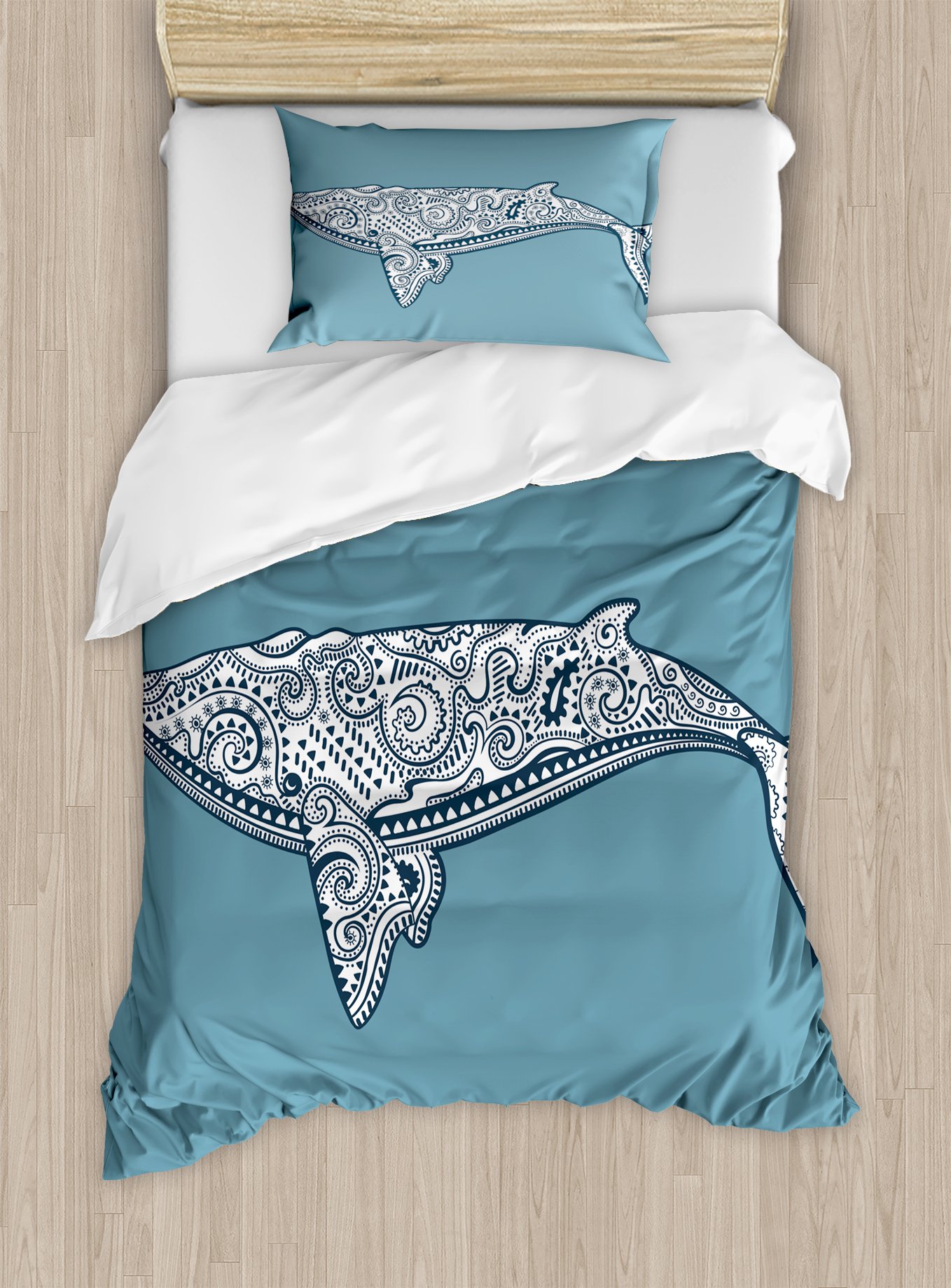 Ambesonne Nautical Duvet Cover Set, Whale Lettering with Totem and Antique Paisley Pattern, Decorati