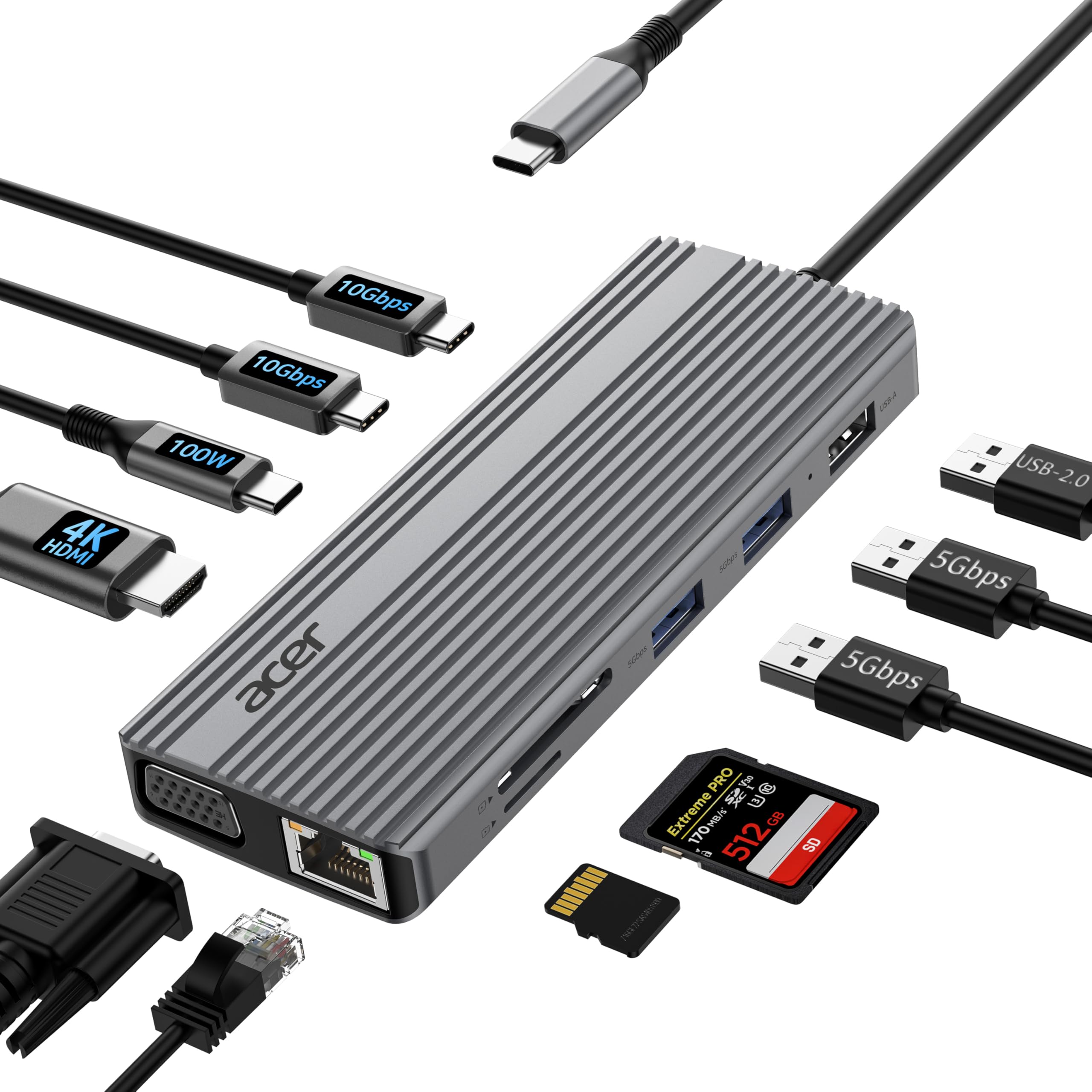 Photo 1 of Acer 11 in 1 USB C HUB Multiport Adapter with 4K@60Hz HDMI, 1080P VGA, 2x10Gbps USB C, 2x5Gbps USB A, 100W PD Port, 1000Mbps Ethernet, SD/TF, Dual Monitor Docking Station for PC, Laptop, Desktop