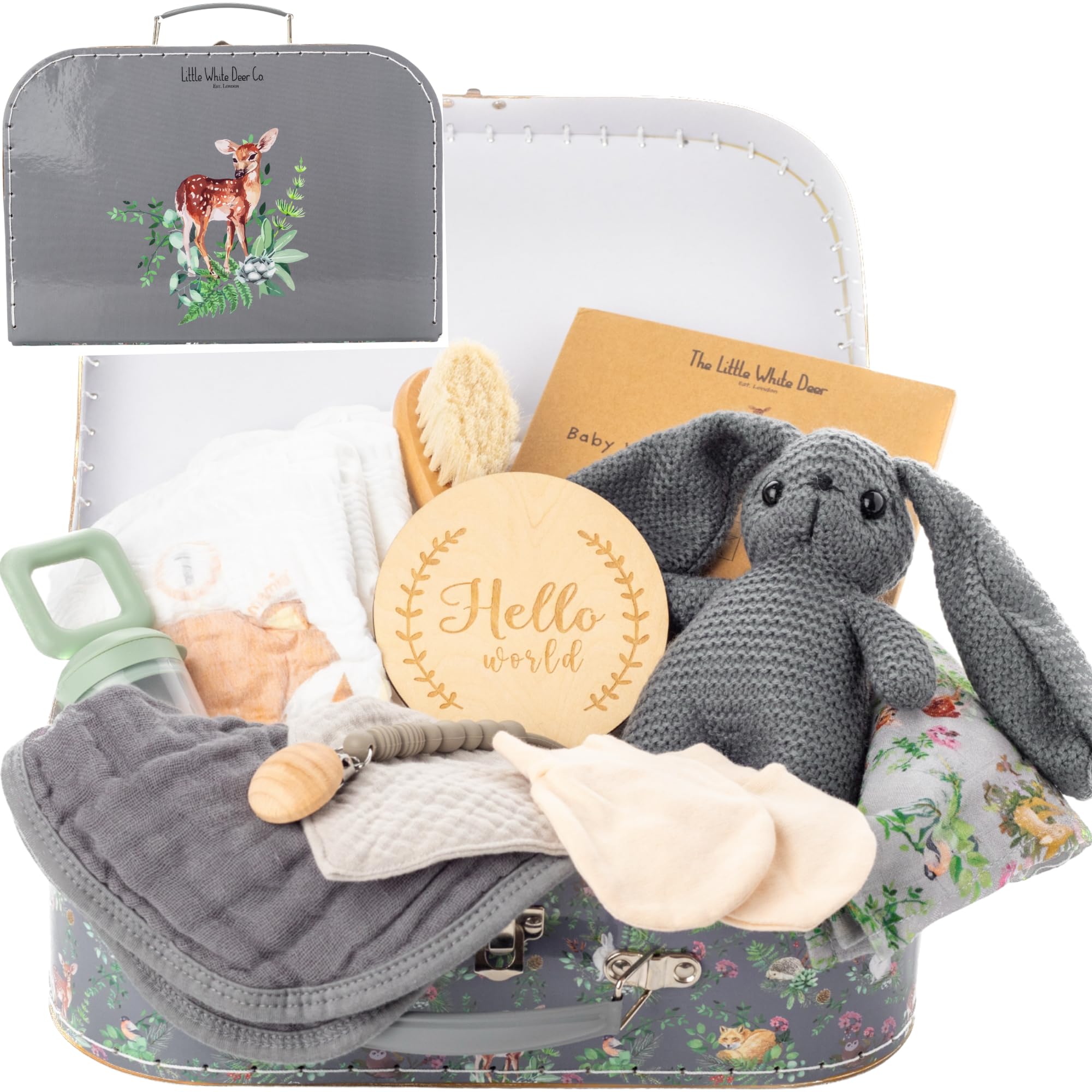 Luxury Newborn Baby First Christmas Organic Gift Set Hamper Baby Shower - UK Company - Little White Deer - Neutral Boys Girls Present Feeder Teether Visual Cards