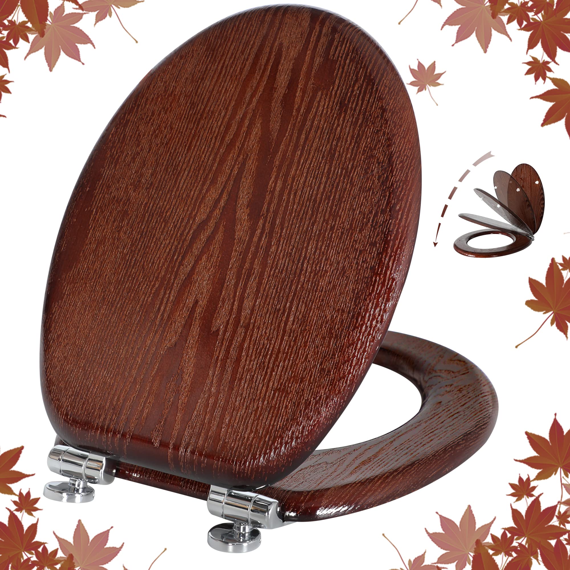 Angel Shield Natural Wooden Toilet Seat with Quiet Close and Quick Release Hinges, Easy to Install and Clean, Antibacterial (Dark Walnut)