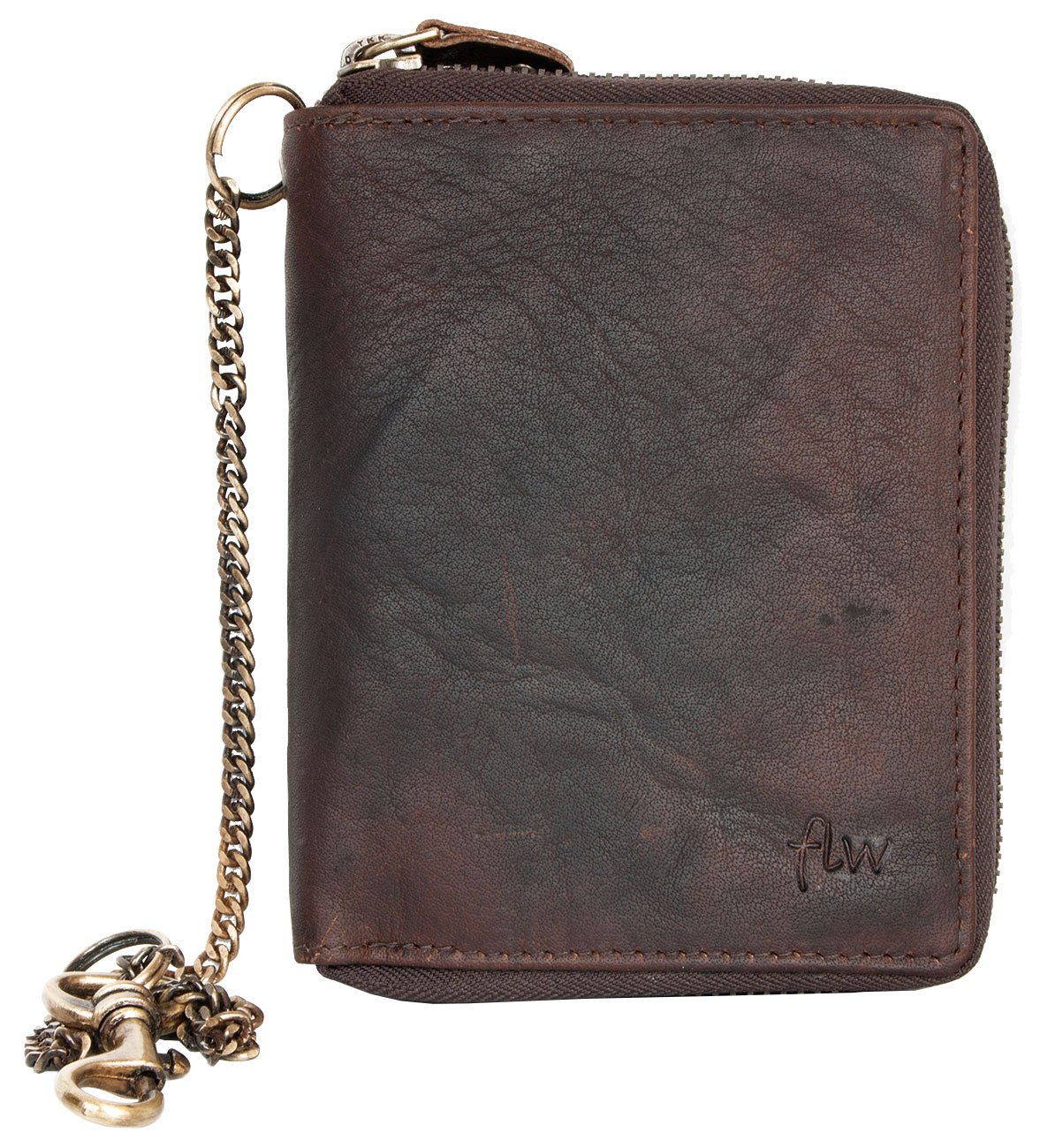 FLW Dark brown strong oiled genuine leather wallet with metal zipper around with a chain