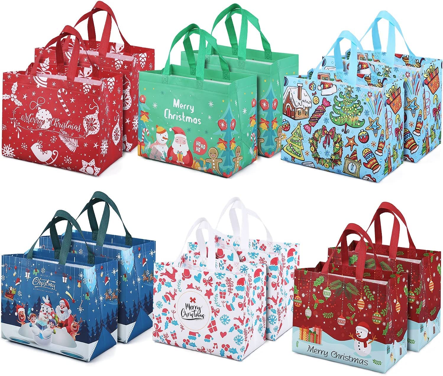 12 x Non-Woven Christmas Bags - Multifunctional Tote Bags with Handles - Xmas Gift Wrapping & Shopping - 32.5 x 25 x 17cm