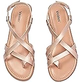 Veittes Women's Gladiator Flat Sandals, Criss Cross Ankle Strap Design, Non-slip Sole, Open Toe Summer Beach Toe Ring Thong Sandals