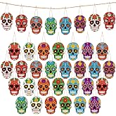 Hoteam 36pcs Day of The Dead Wooden Ornaments for Halloween Tree Decoration | Dia De Los Muertos Sugar Skull Halloween Decor, Mexican Skeleton Head, Double Sided Hanging for Party Tree Wall Holiday Decor