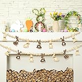 1 Set Easter Mantle Garland 6.56 ft Wood Bunny Easter Beads Banner Rabbits Hanging Garland for Wall Fireplace Shelf Mantle Display Indoor Outdoor Decoration for Home Party Supplies(Rustic)