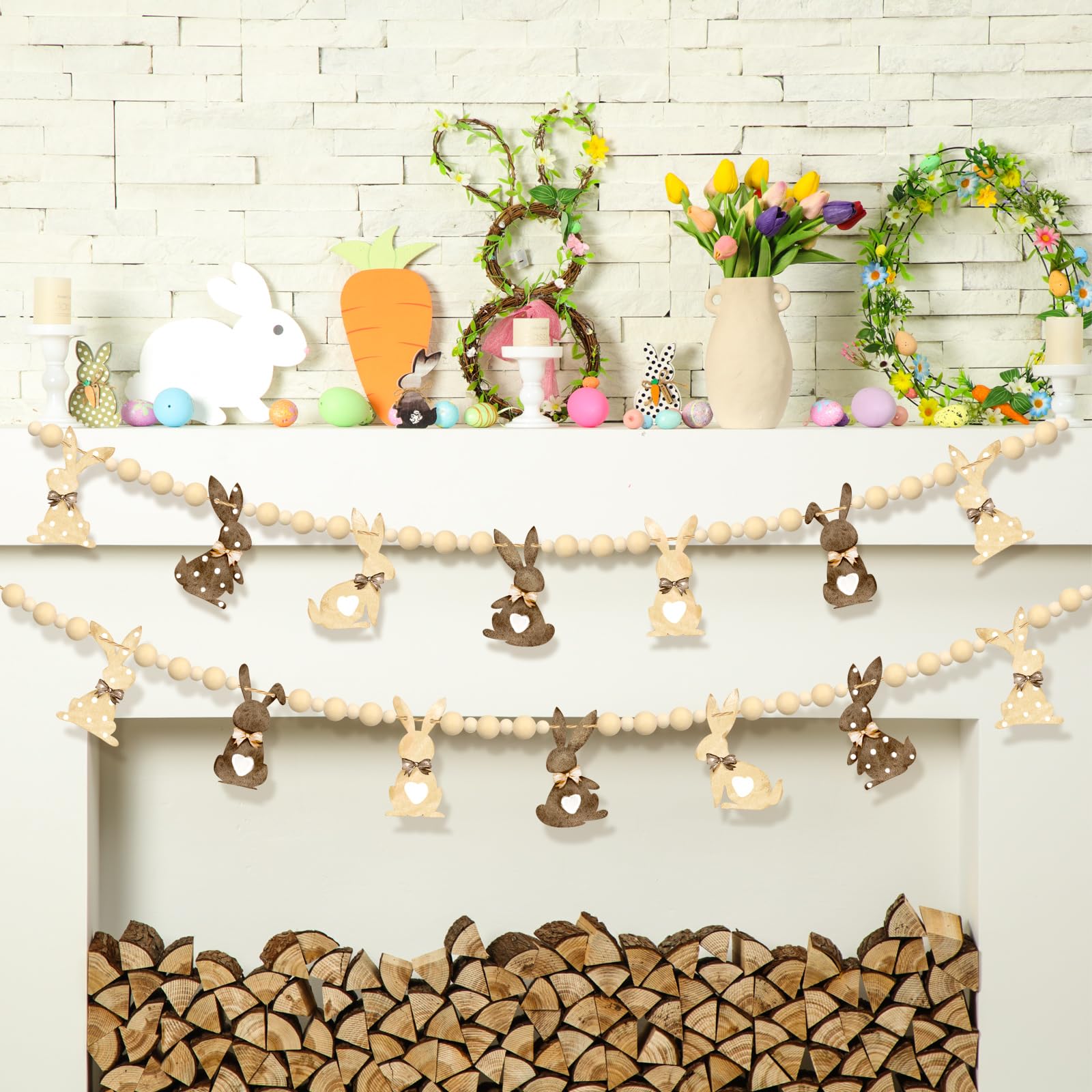 View 1 of 1 Set Easter Mantle Garland 6.56 ft Wood Bunny Easter Beads Banner Rabbits Hanging Garland for Wall Fireplace Shelf Mantle Display Indoor Outdoor Decoration for Home Party Supplies(Rustic)